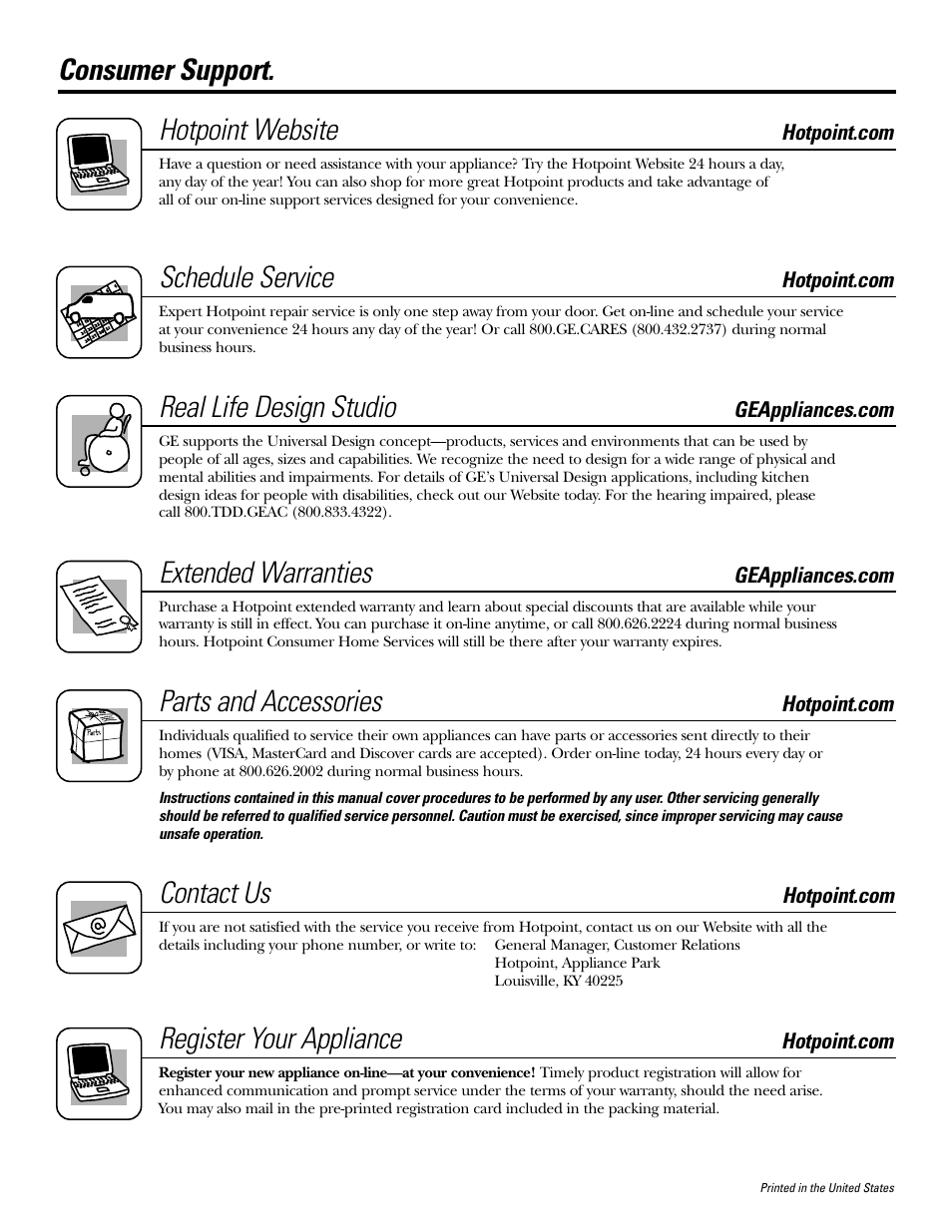 Consumer support, Consumer support . . . . back cover, Consumer support. hotpoint website | Schedule service, Real life design studio, Extended warranties, Parts and accessories, Contact us, Register your appliance | Hotpoint NLL113 User Manual | Page 24 / 24