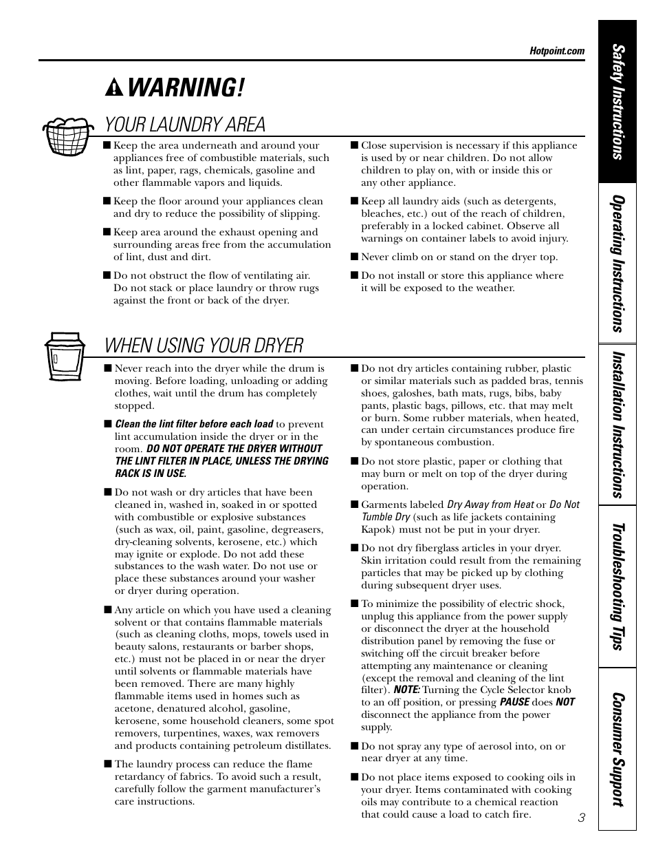 Warning, Your laundry area, When using your dryer | Hotpoint NLL113 User Manual | Page 3 / 24