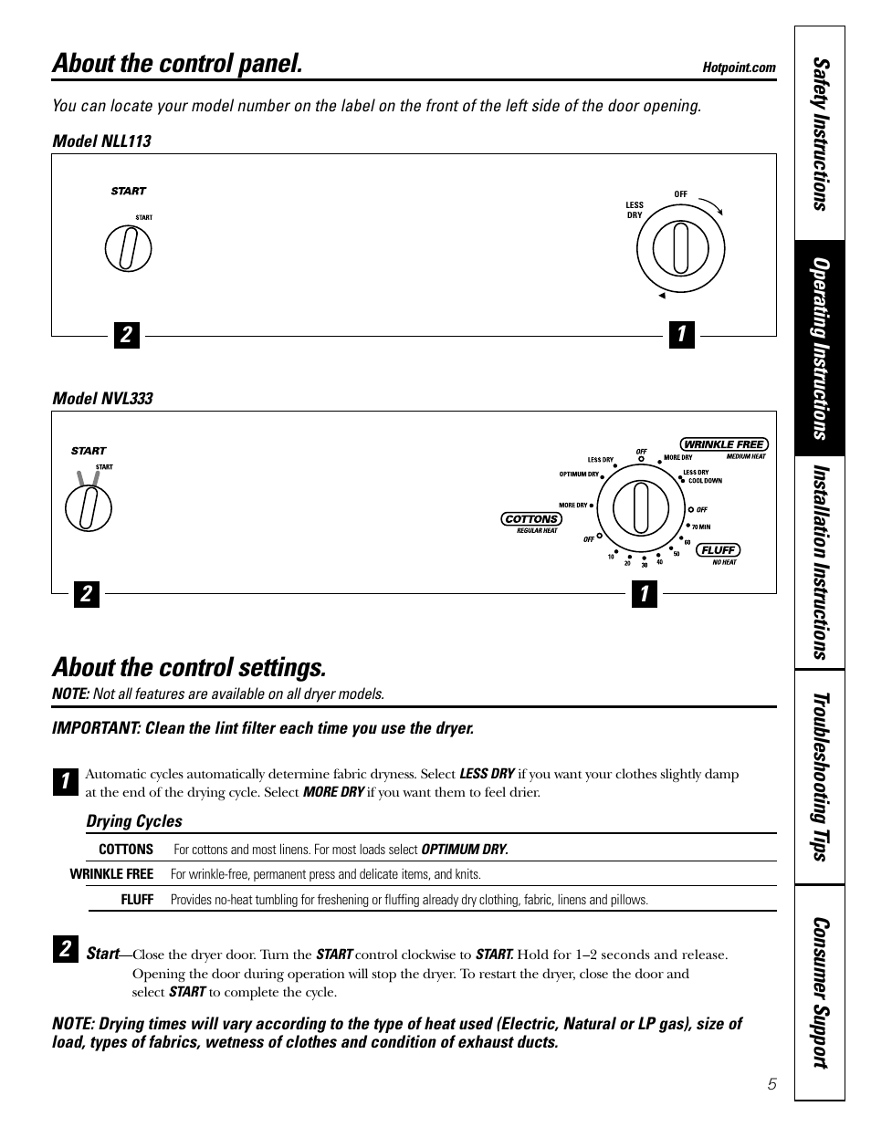Control panels, Control settings, Control panels control settings | About the control panel, About the control settings | Hotpoint NLL113 User Manual | Page 5 / 24