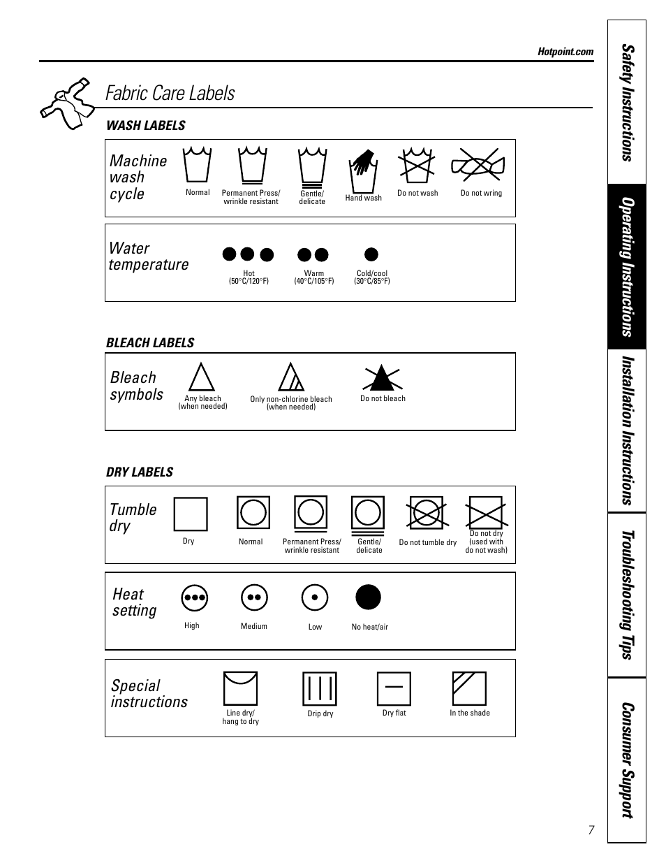 Fabric care labels, Machine wash cycle, Water temperature | Tumble dry, Heat setting, Special instructions, Bleach symbols, Wash labels dry labels bleach labels | Hotpoint NLL113 User Manual | Page 7 / 24