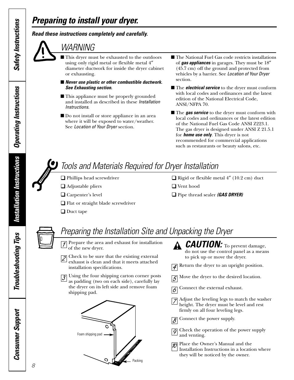 Preparing to install the dryer, Caution, Warning | Hotpoint NLL113 User Manual | Page 8 / 24