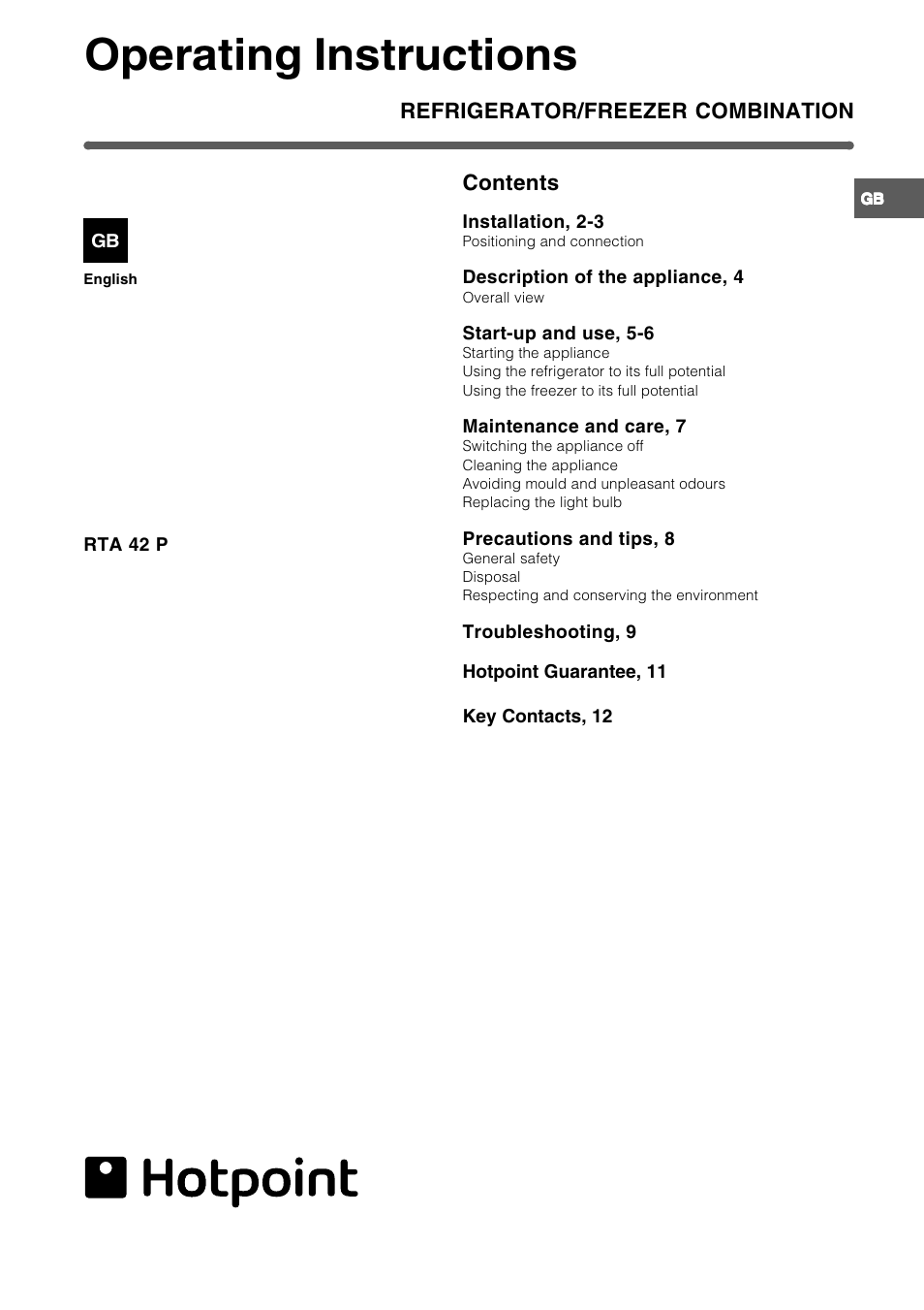 Hotpoint RTA 42 User Manual | 12 pages