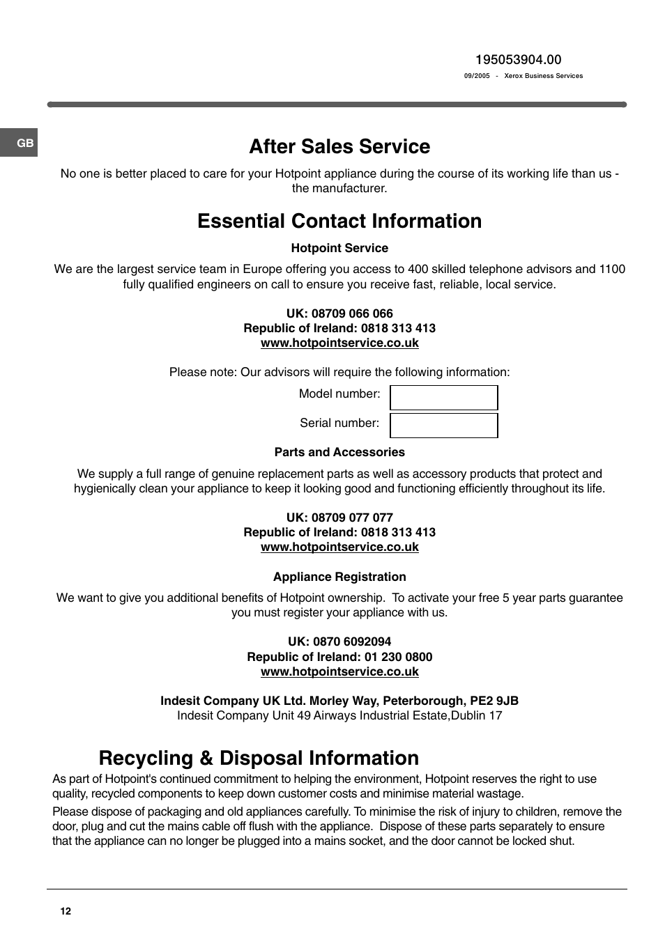 After sales service, Essential contact information, Recycling & disposal information | Hotpoint RTA 42 User Manual | Page 12 / 12