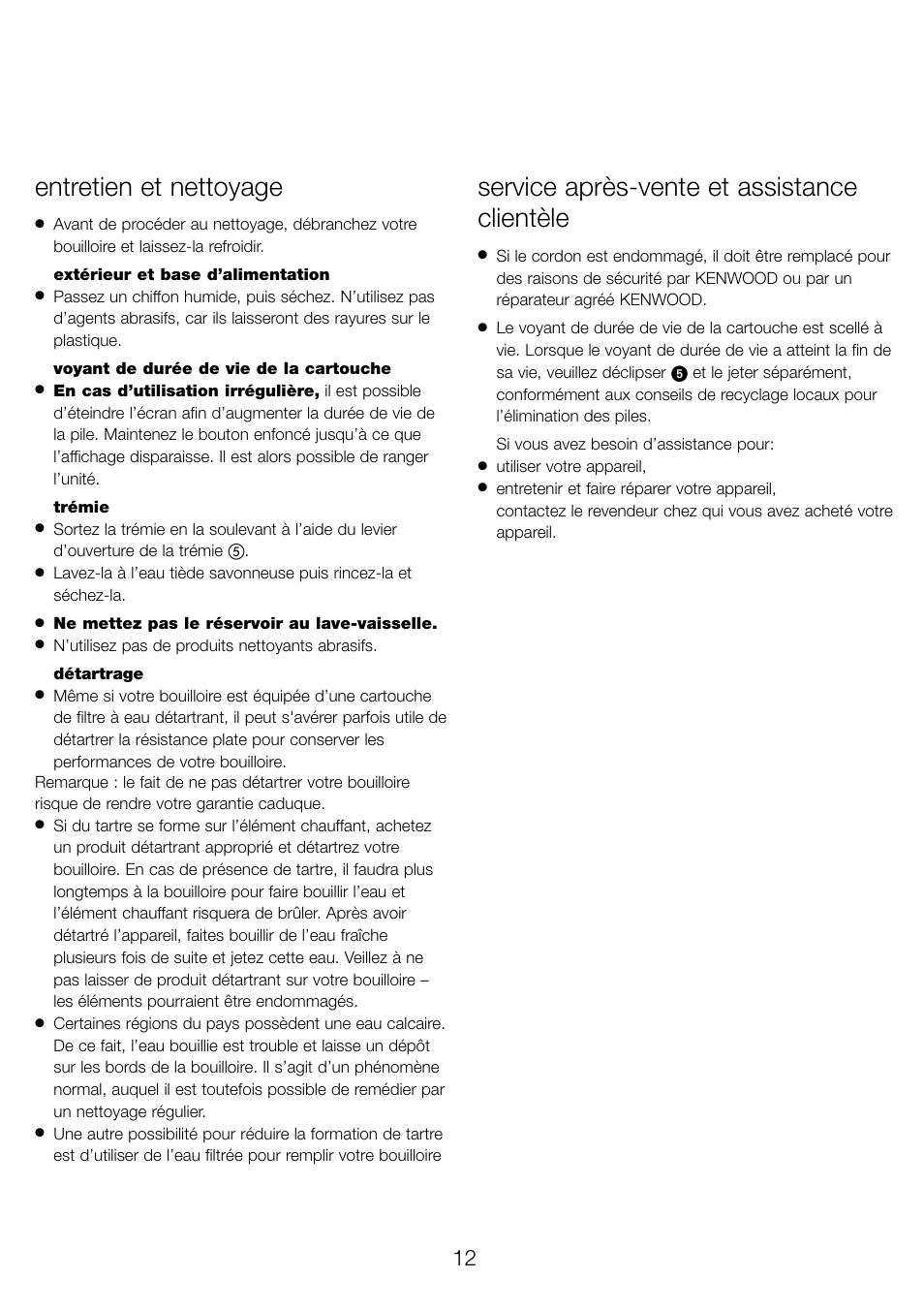 Entretien et nettoyage, Service après-vente et assistance clientèle | Kenwood WK960 User Manual | Page 15 / 76