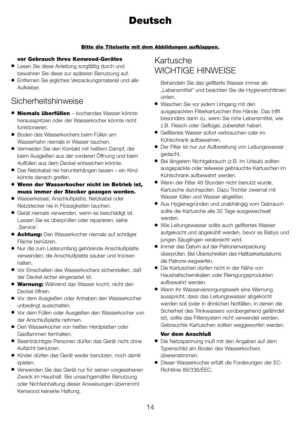 Deutsch, Sicherheitshinweise, Kartusche wichtige hinweise | Kenwood WK960 User Manual | Page 17 / 76