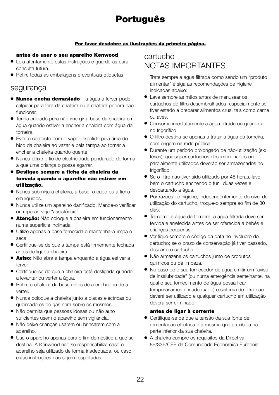 Português, Segurança, Cartucho notas importantes | Kenwood WK960 User Manual | Page 25 / 76