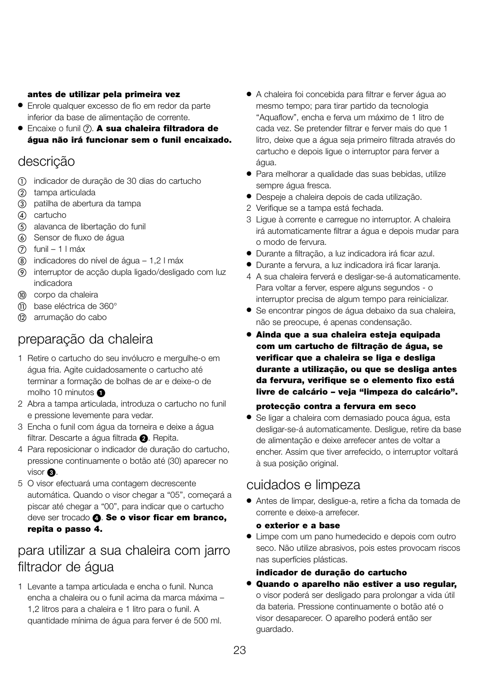 Descrição, Preparação da chaleira, Cuidados e limpeza | Kenwood WK960 User Manual | Page 26 / 76