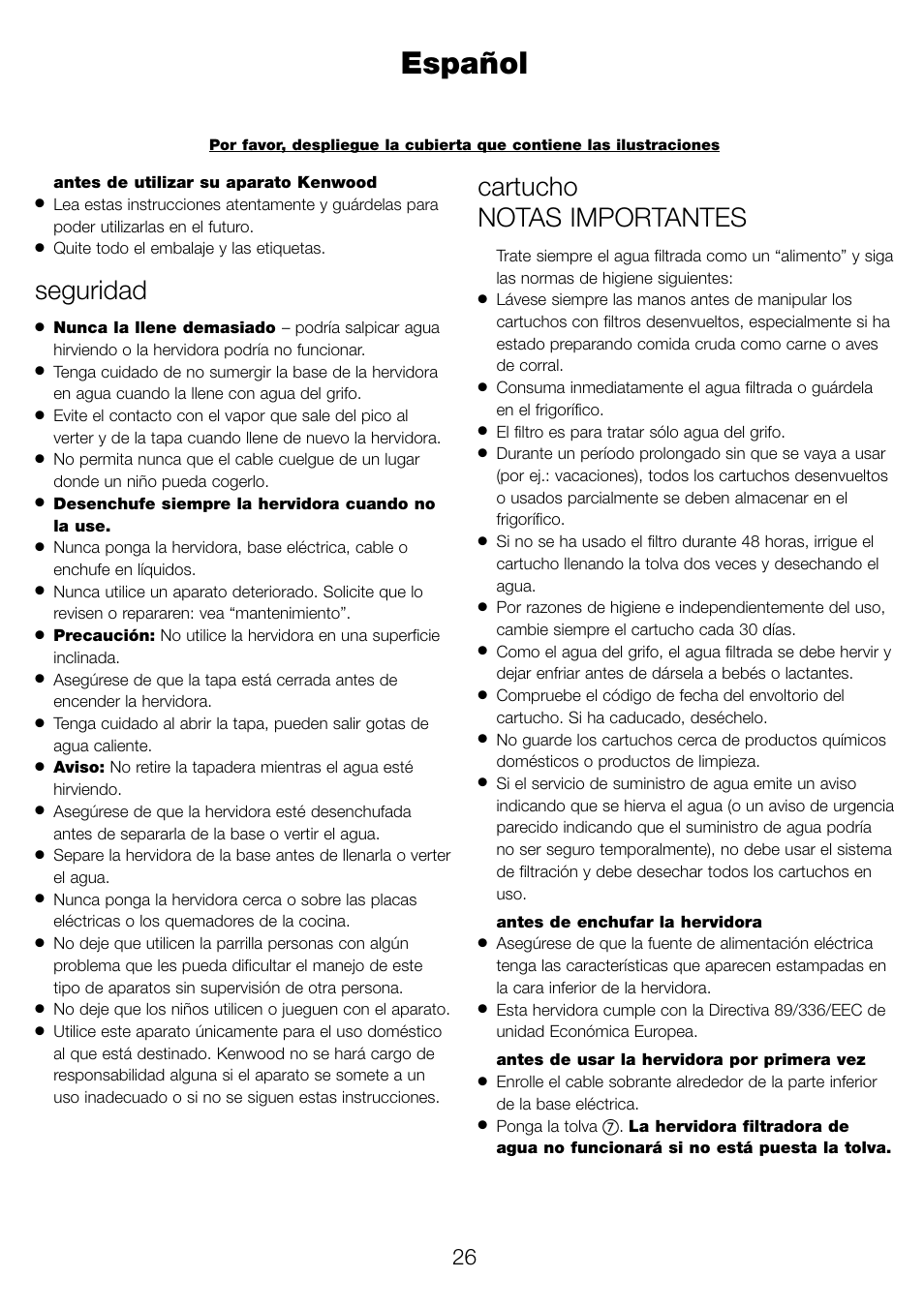 Español, Seguridad, Cartucho notas importantes | Kenwood WK960 User Manual | Page 29 / 76