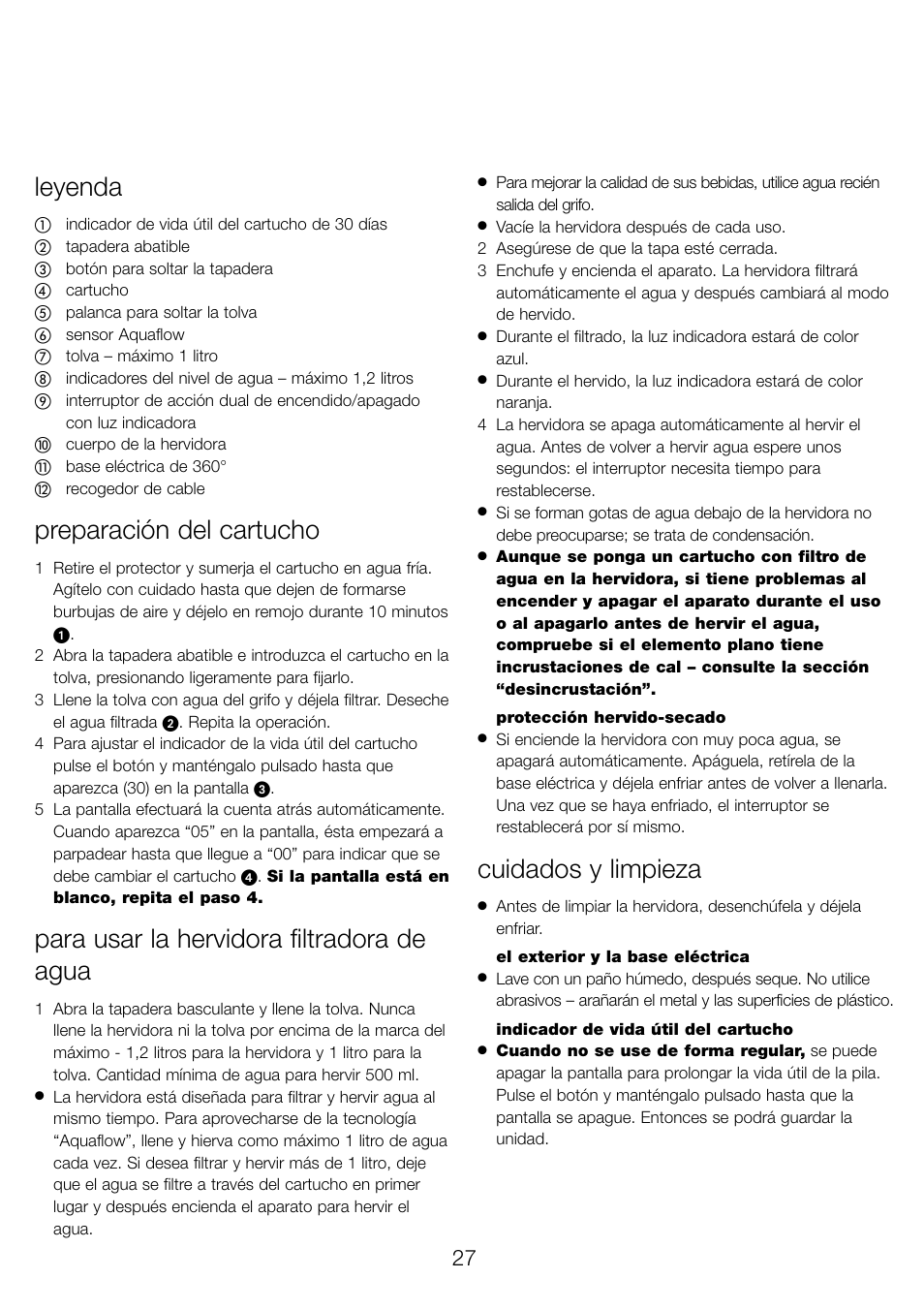 Leyenda, Preparación del cartucho, Para usar la hervidora filtradora de agua | Cuidados y limpieza | Kenwood WK960 User Manual | Page 30 / 76