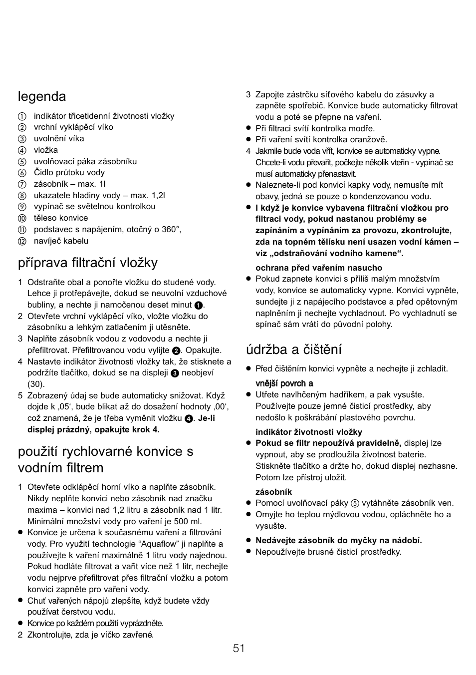 Legenda, Příprava filtrační vložky, Použití rychlovarné konvice s vodním filtrem | Údržba a čištění | Kenwood WK960 User Manual | Page 54 / 76