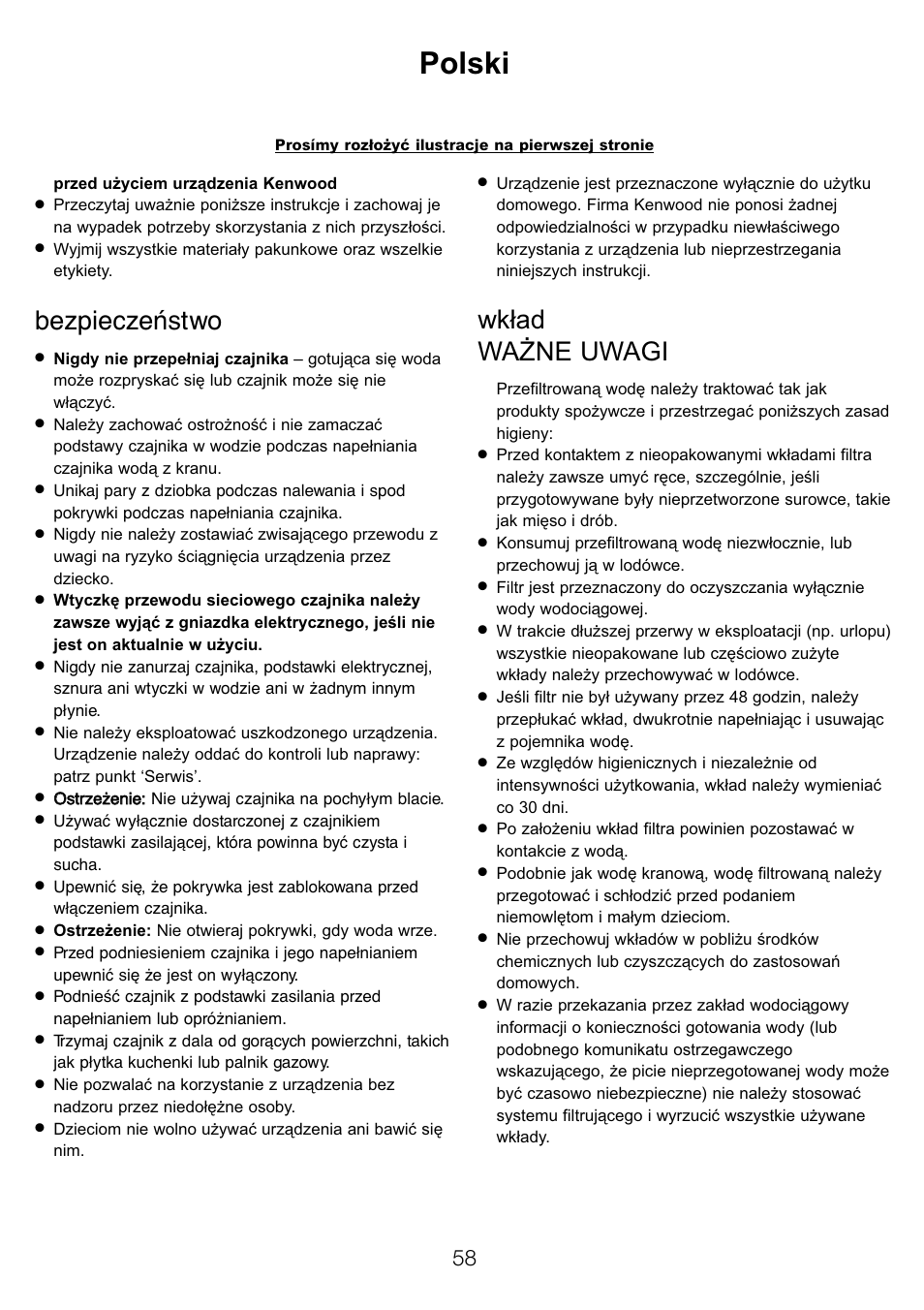 Polski, Bezpieczeństwo, Wkład ważne uwagi | Kenwood WK960 User Manual | Page 61 / 76