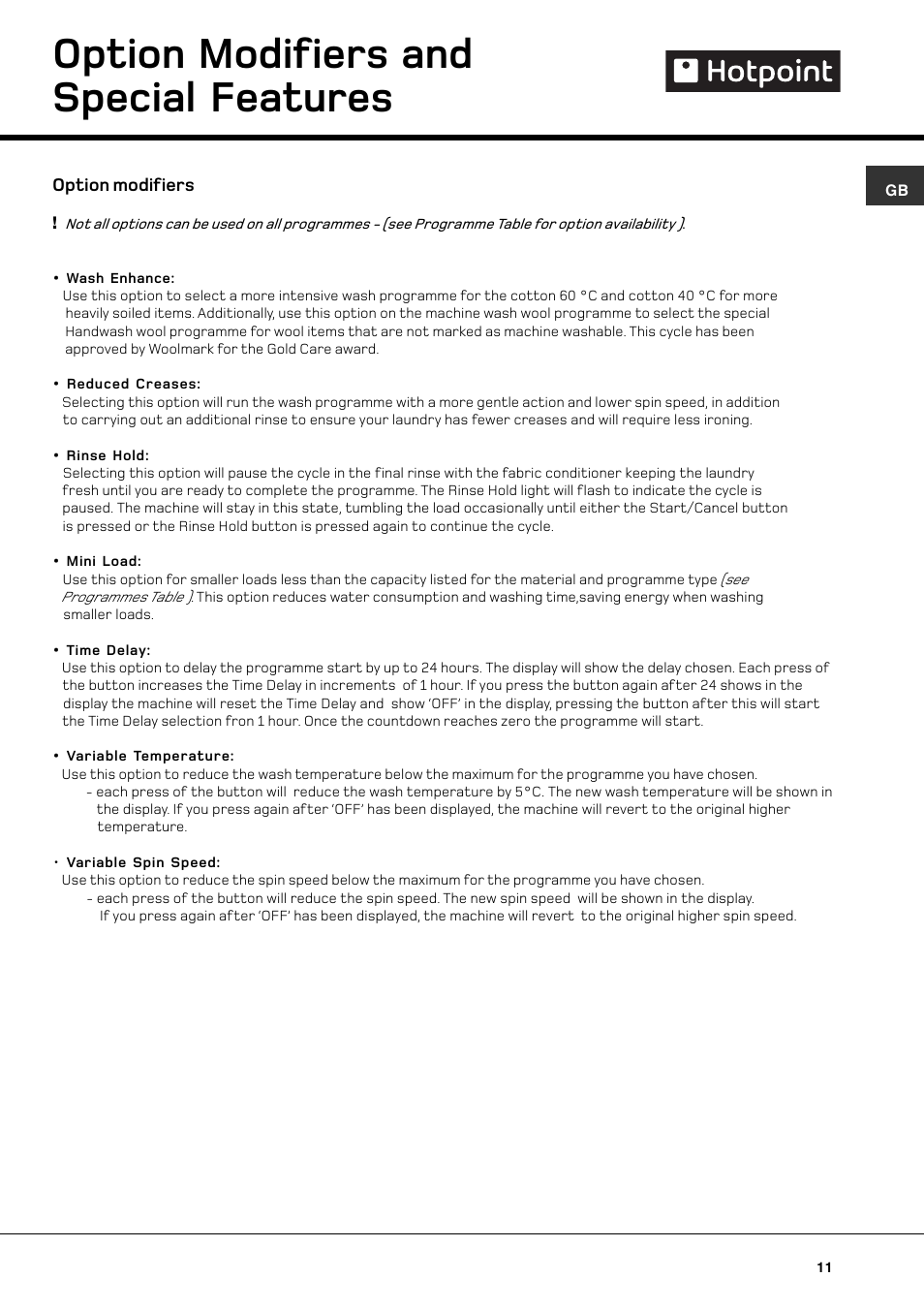 Option modifiers and special features | Hotpoint WT640 User Manual | Page 11 / 20