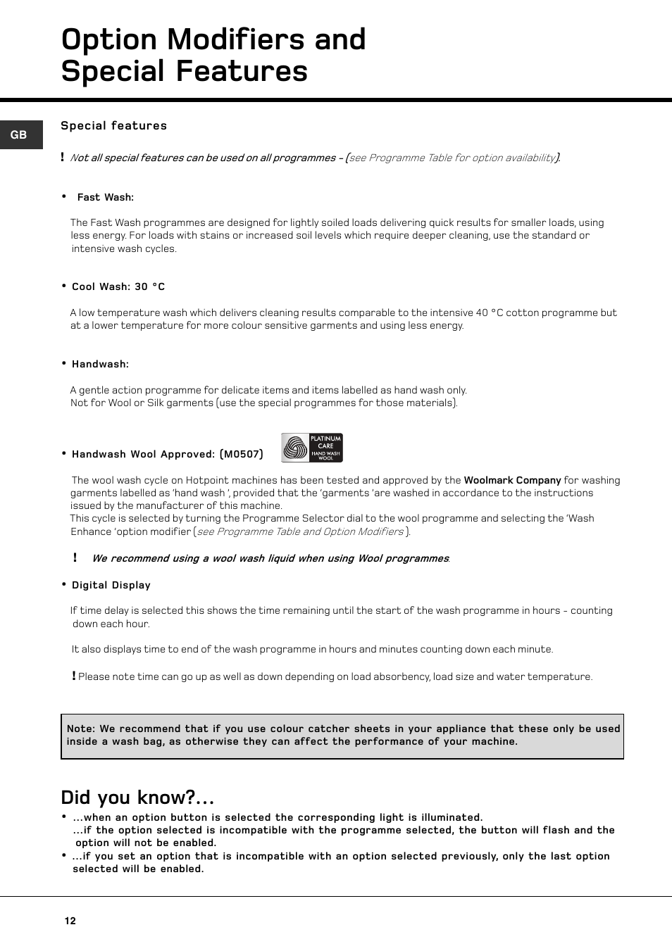 Option modifiers and special features, Did you know | Hotpoint WT640 User Manual | Page 12 / 20