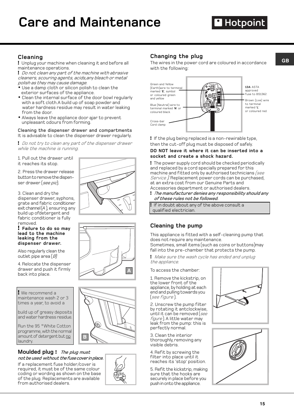 Care and maintenance, Changing the plug, Cleaning the pump | Cleaning, Moulded plug | Hotpoint WT640 User Manual | Page 15 / 20