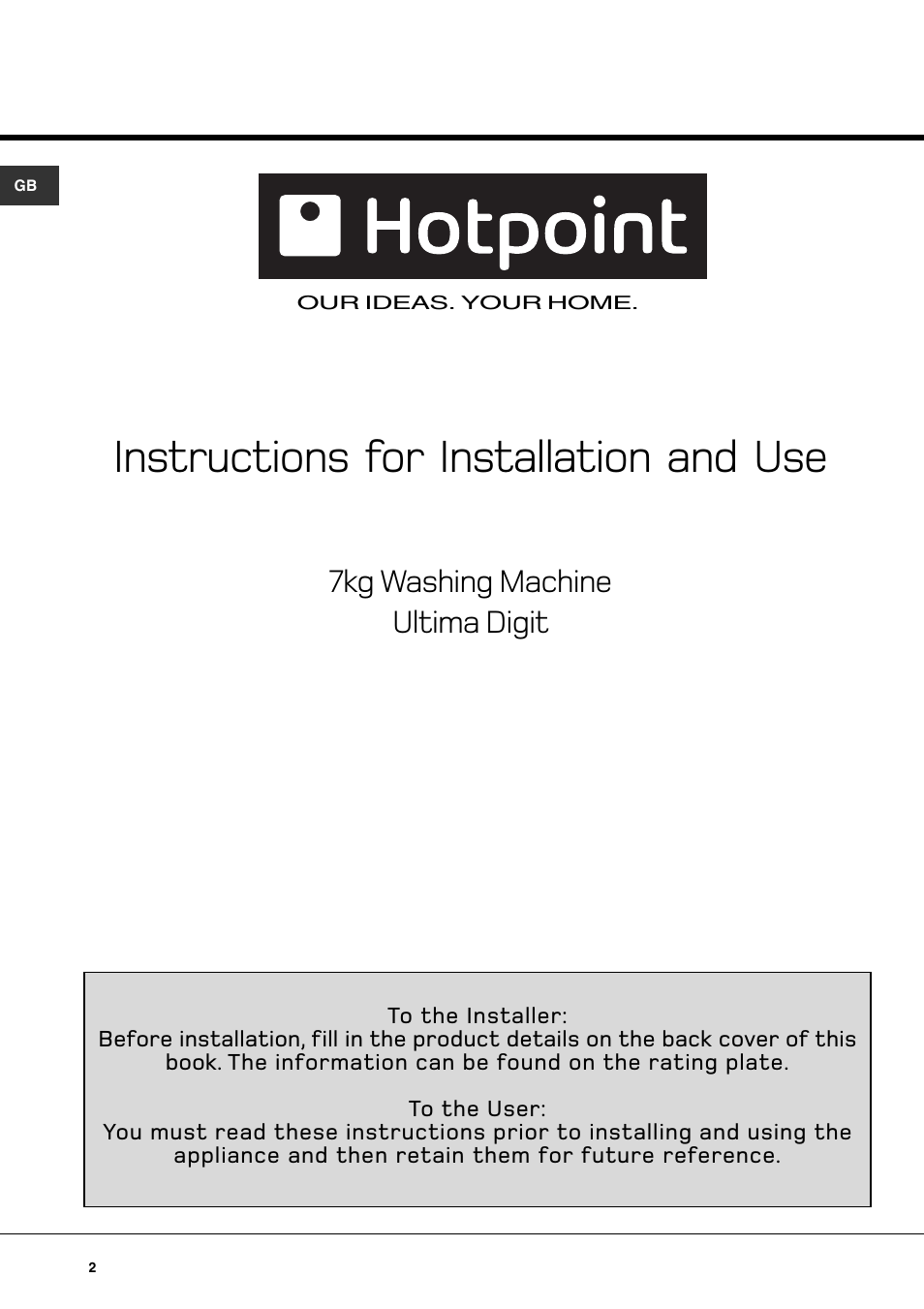 Instructions for installation and use, 7kg washing machine ultima digit | Hotpoint WT640 User Manual | Page 2 / 20