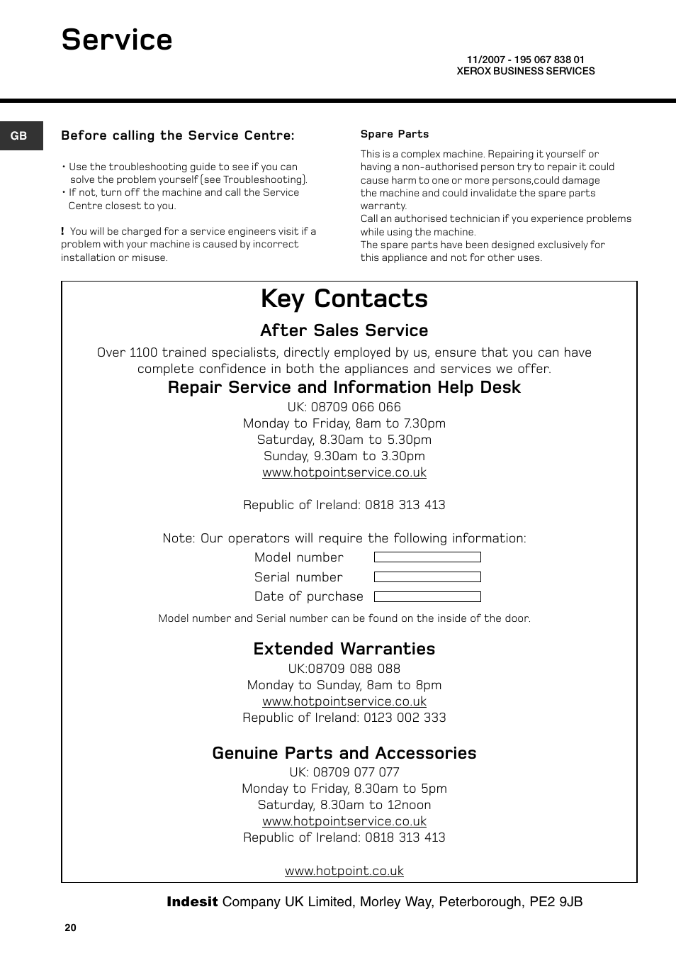 Service, Key contacts, After sales service | Repair service and information help desk, Extended warranties, Genuine parts and accessories | Hotpoint WT640 User Manual | Page 20 / 20