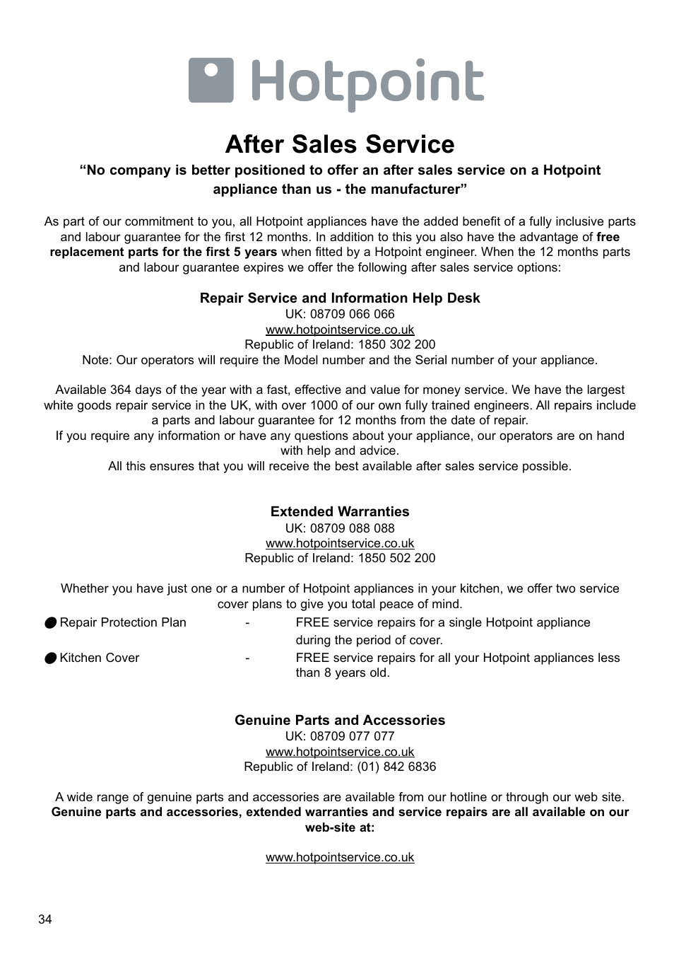 After sales service | Hotpoint MWH221 User Manual | Page 34 / 36