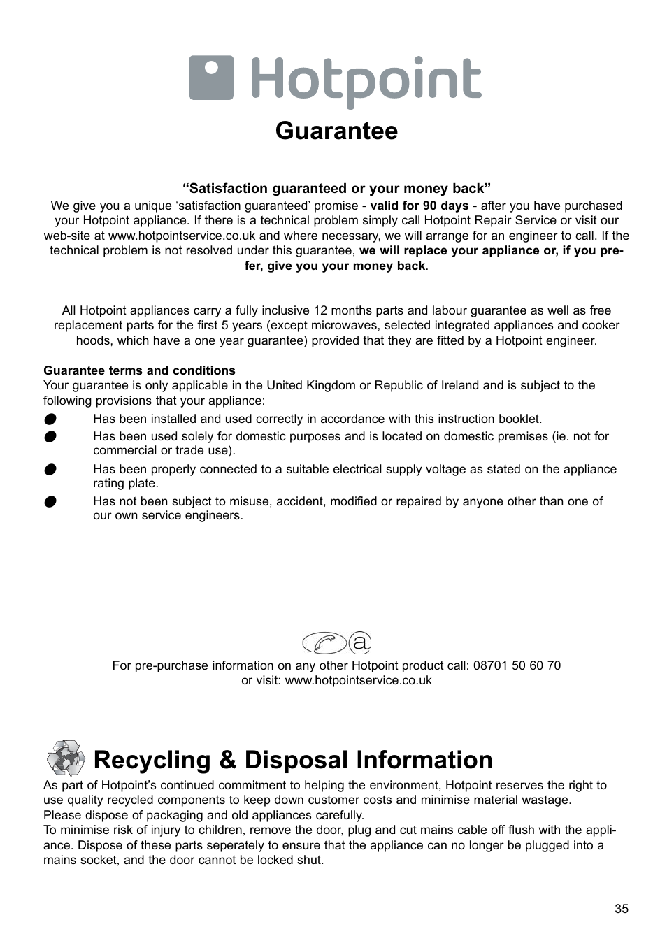 Guarantee, Recycling & disposal information | Hotpoint MWH221 User Manual | Page 35 / 36