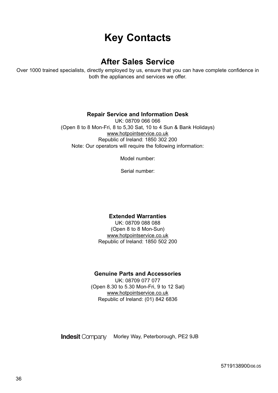 Key contacts, After sales service | Hotpoint MWH221 User Manual | Page 36 / 36