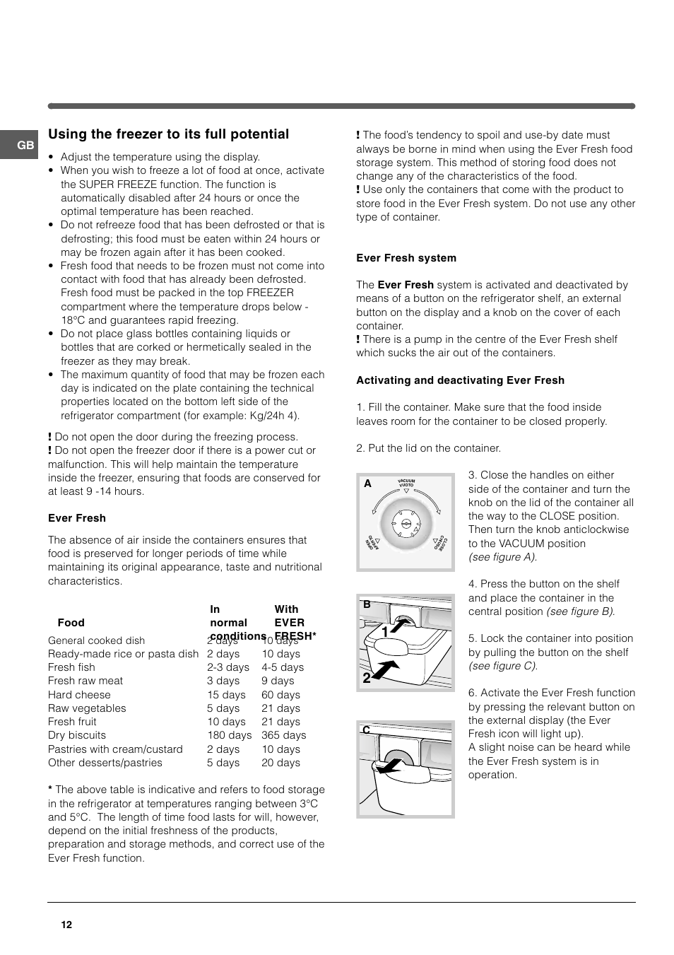 Using the freezer to its full potential | Hotpoint FFL49 User Manual | Page 12 / 20