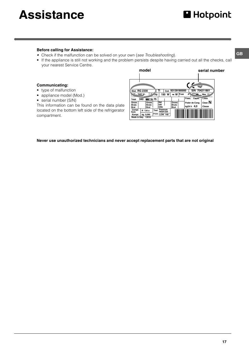 Assistance, Model serial number | Hotpoint FFL49 User Manual | Page 17 / 20