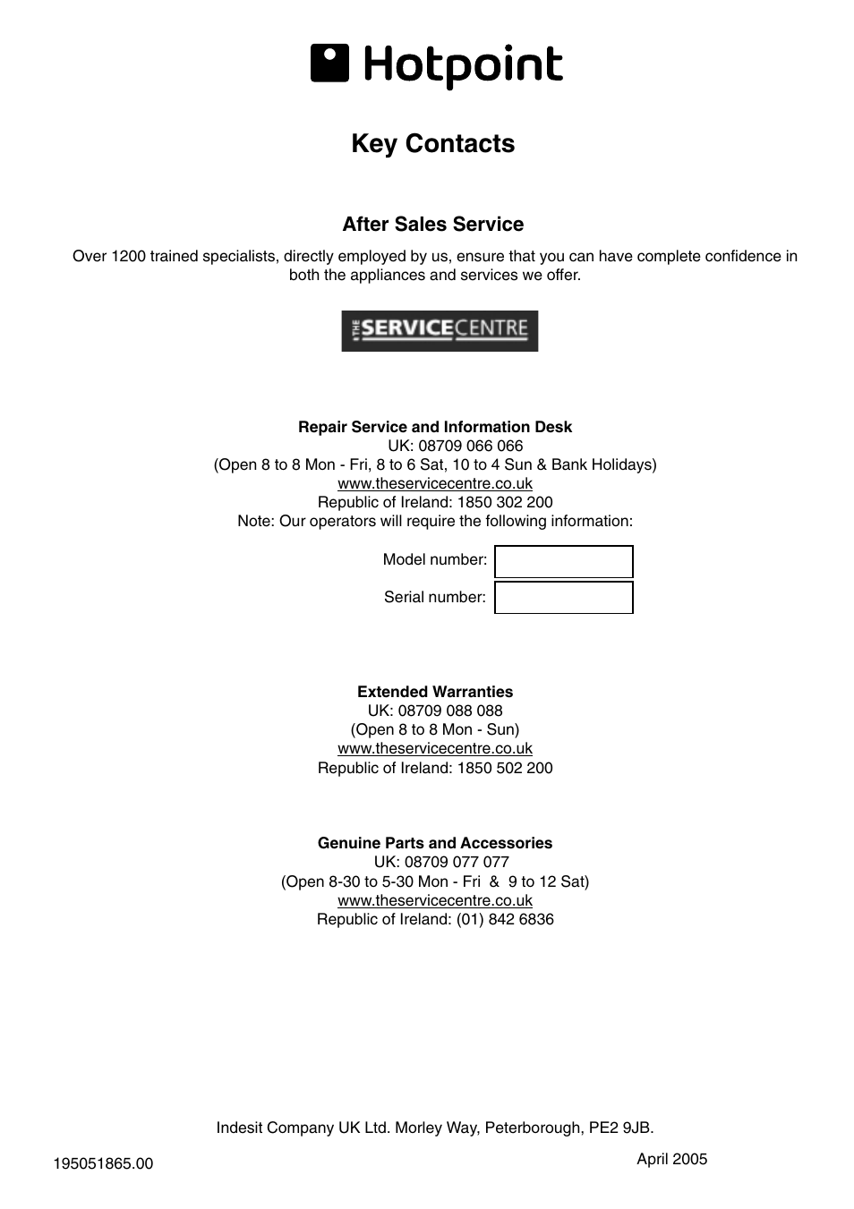 Key contacts, After sales service | Hotpoint FFL49 User Manual | Page 20 / 20