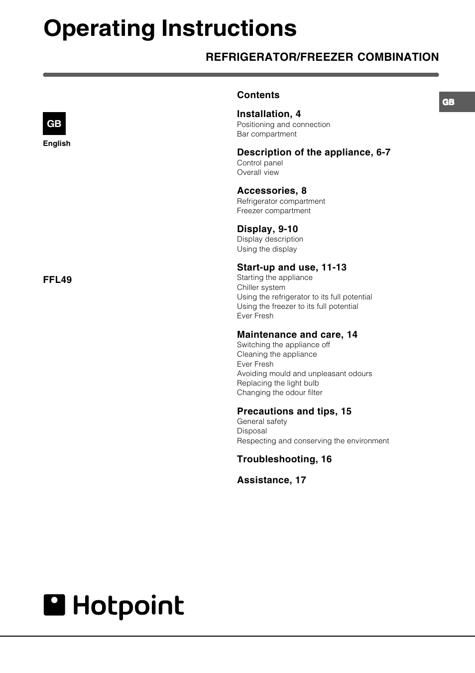 Operating instructions, Refrigerator/freezer combination | Hotpoint FFL49 User Manual | Page 3 / 20