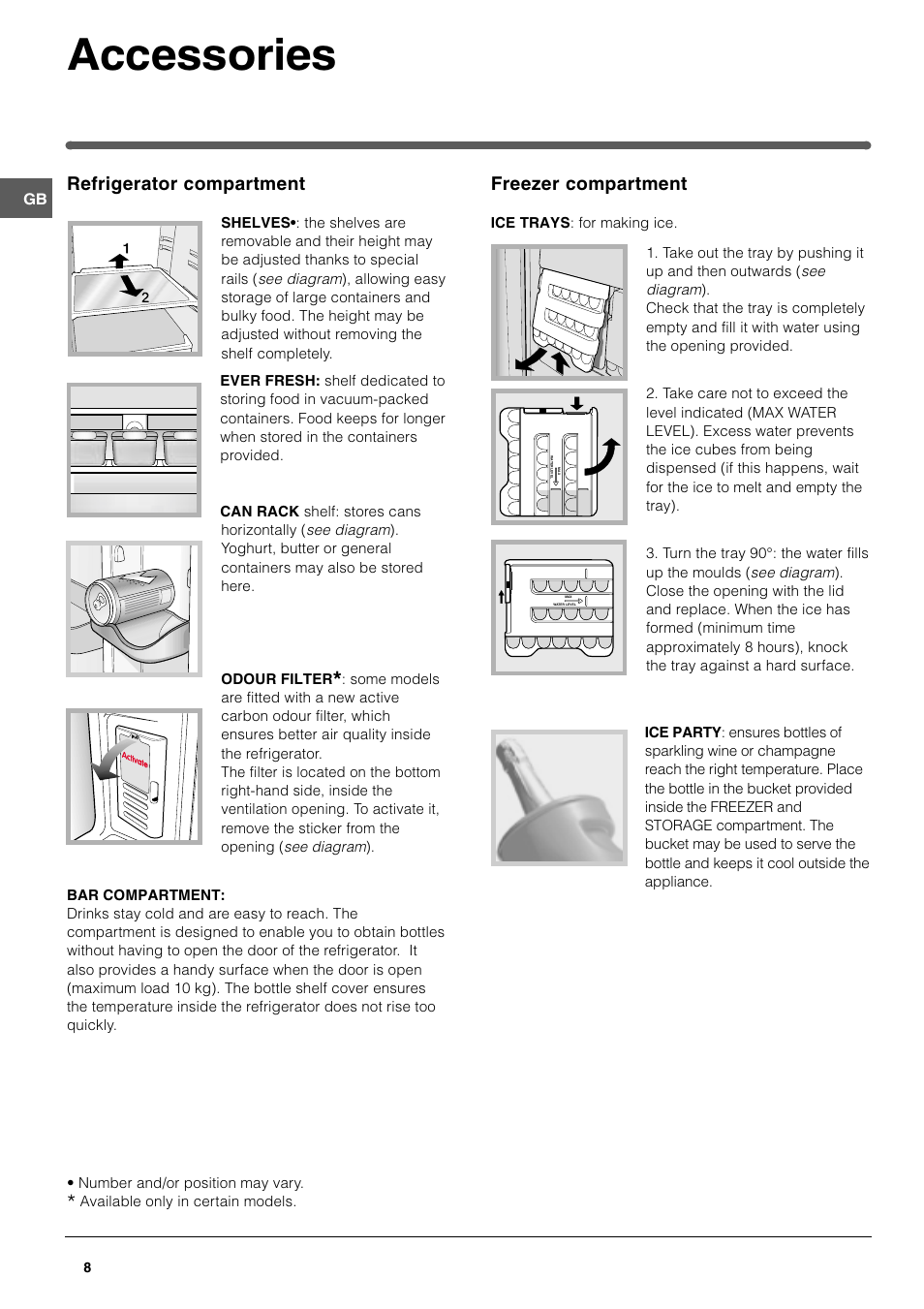 Accessories, Refrigerator compartment, Freezer compartment | Hotpoint FFL49 User Manual | Page 8 / 20