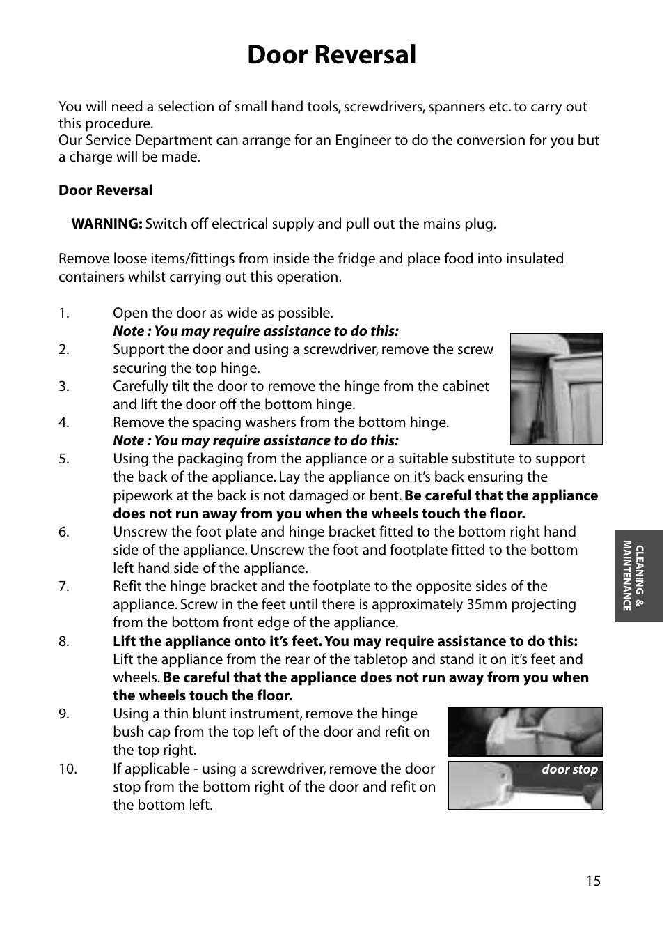 Door reversal | Hotpoint RLA84 User Manual | Page 15 / 20