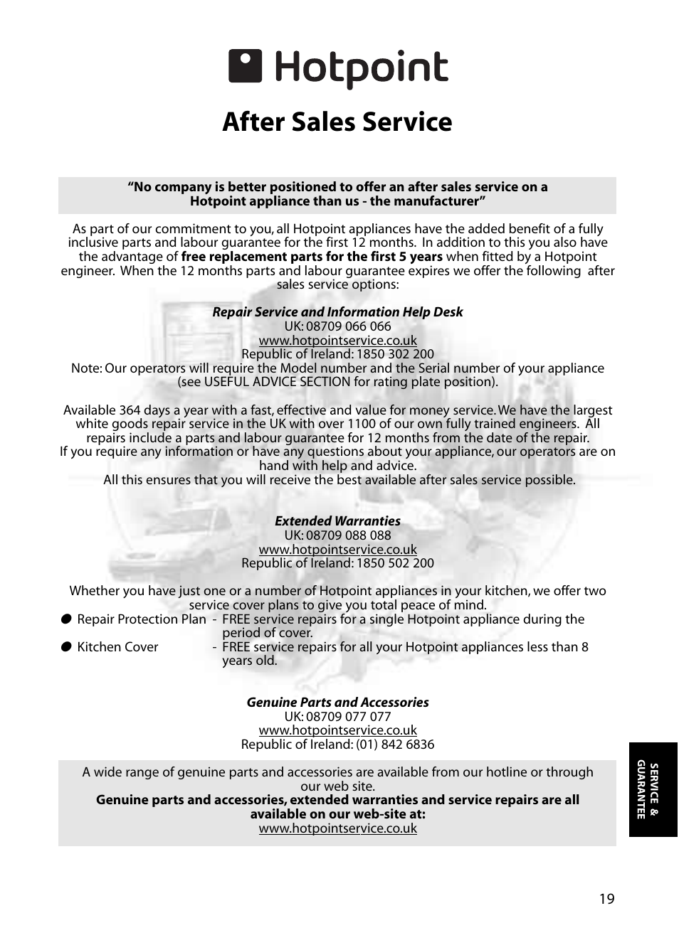 After sales service | Hotpoint RLA84 User Manual | Page 19 / 20