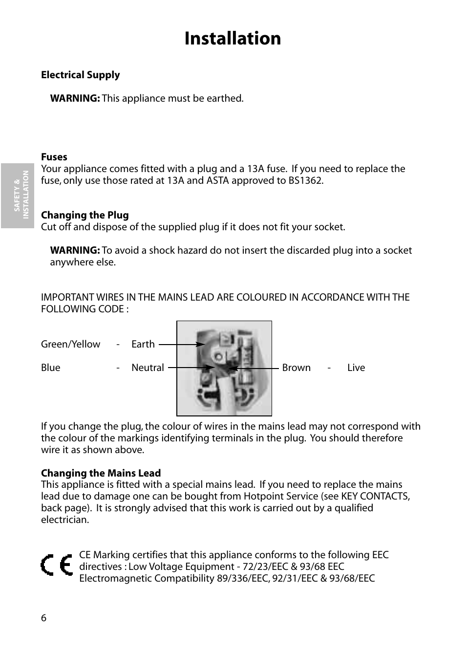 Installation | Hotpoint RLA84 User Manual | Page 6 / 20