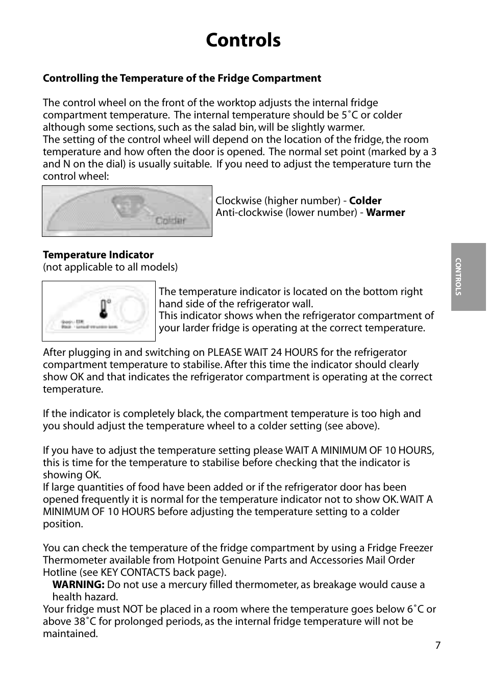 Controls | Hotpoint RLA84 User Manual | Page 7 / 20