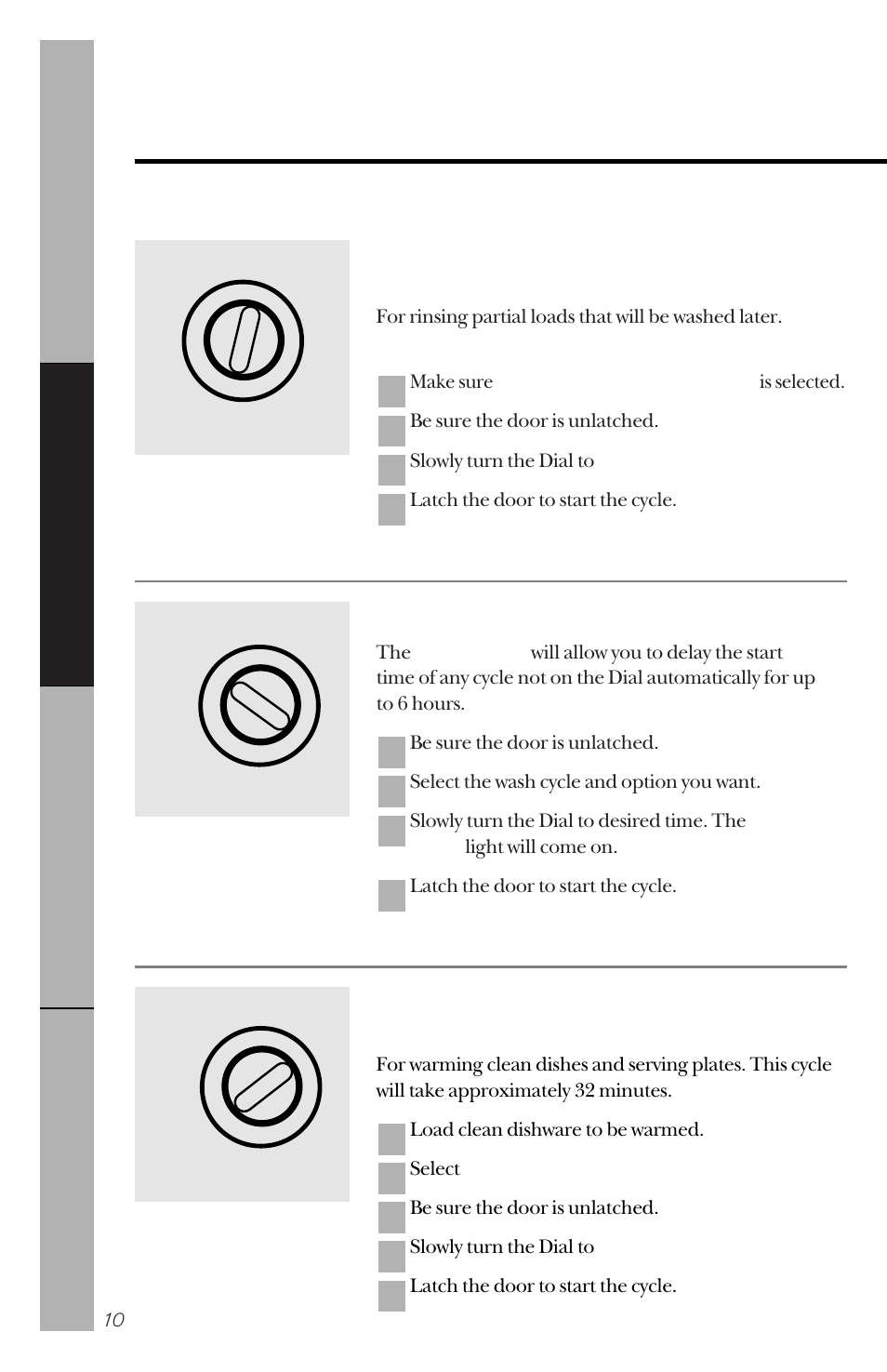 Dial cycles, Dial cycles , 11, About the dial cycles | Rinse & hold, Plate warmer, Delayed start | Hotpoint HDA3430 User Manual | Page 10 / 32