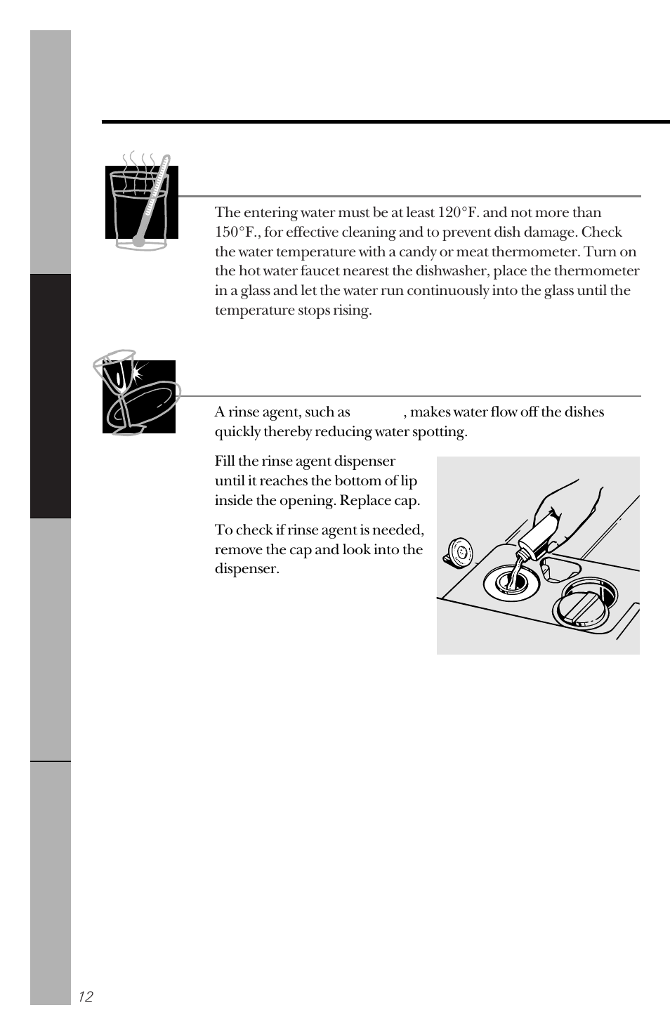 Using the dishwasher, Using the dishwasher , 13, Check the water temperature | Using a rinse agent | Hotpoint HDA3430 User Manual | Page 12 / 32