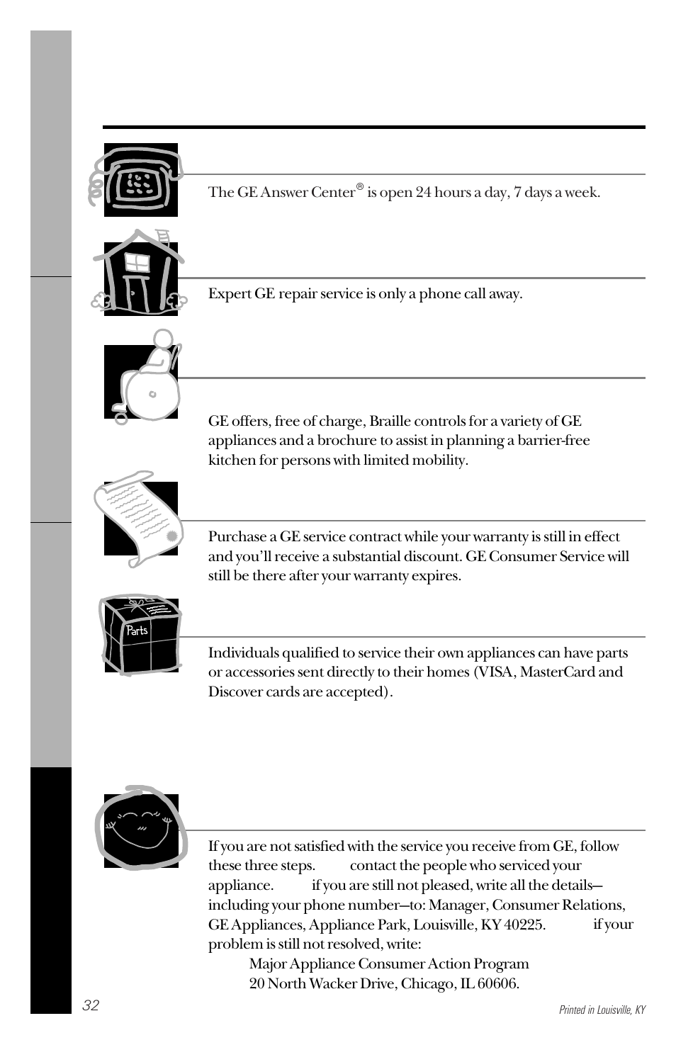 Service telephone numbers, Ge answer center, In-home repair service | Special needs service, Service contracts, Parts and accessories, Service satisfaction | Hotpoint HDA3430 User Manual | Page 32 / 32