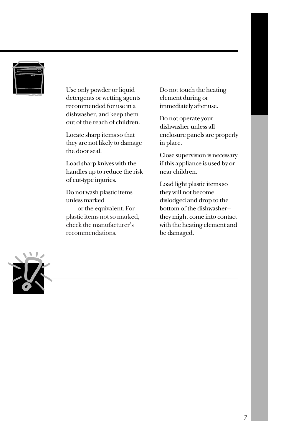 Save these instructions, When using your dishwasher, Read and follow this safety information carefully | Hotpoint HDA3430 User Manual | Page 7 / 32