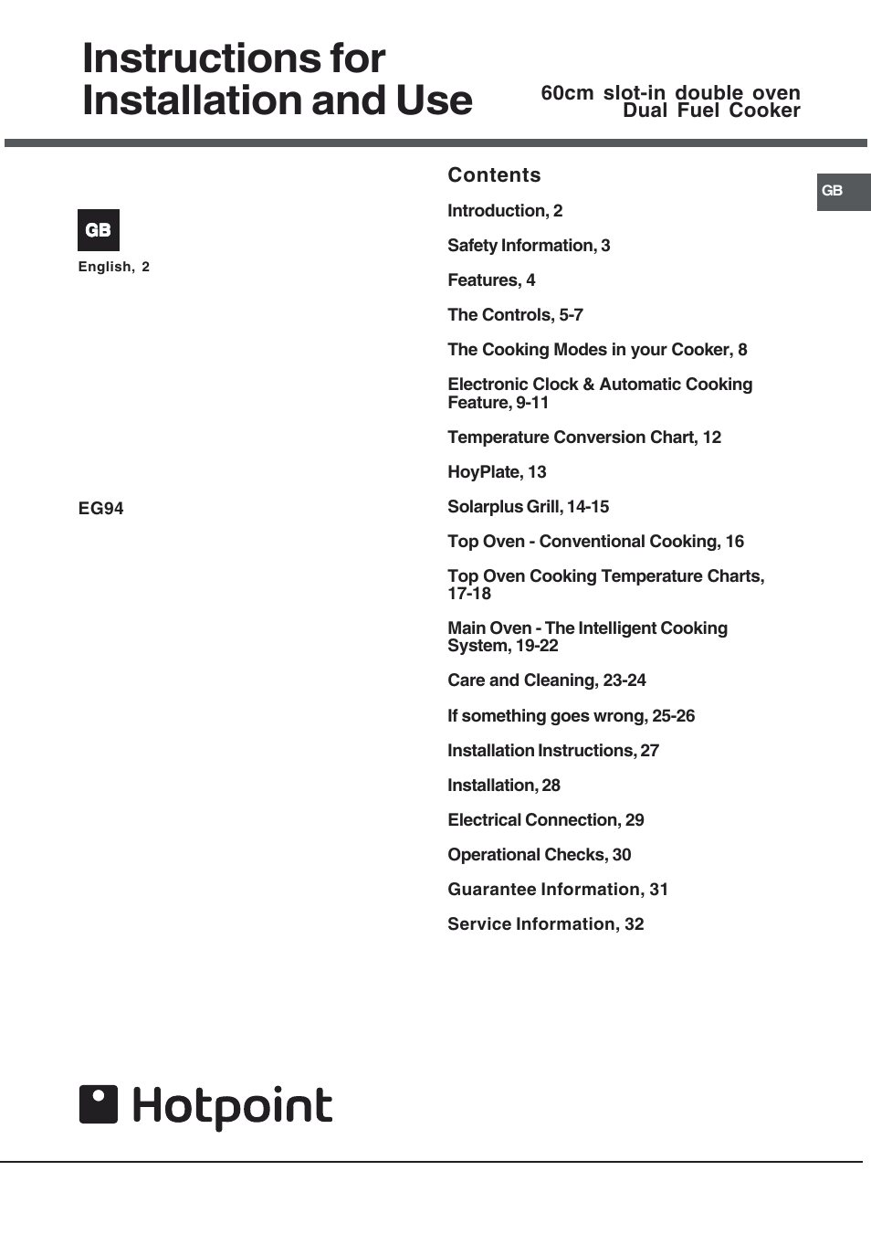 Hotpoint EG94 User Manual | 32 pages