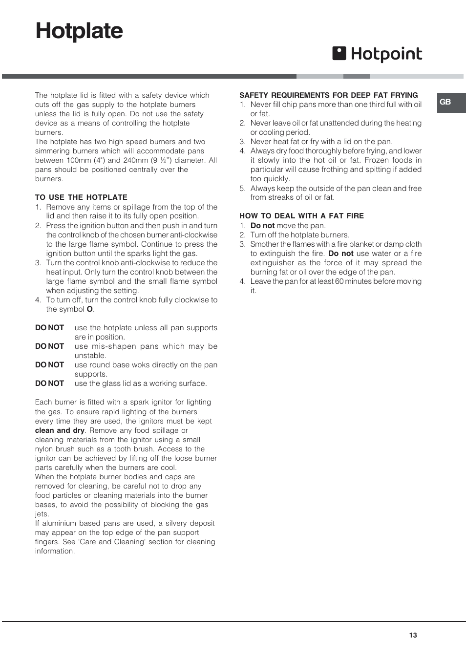 Hotplate | Hotpoint EG94 User Manual | Page 13 / 32