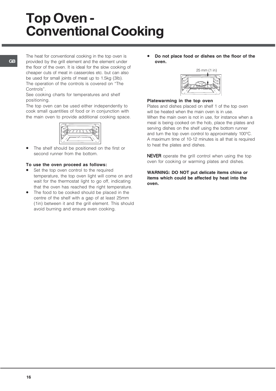 Top oven - conventional cooking | Hotpoint EG94 User Manual | Page 16 / 32