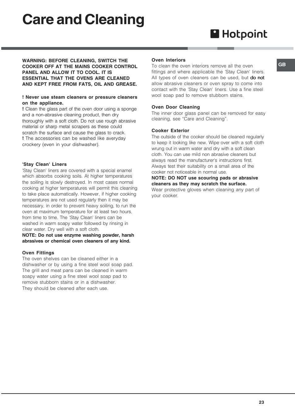 Care and cleaning | Hotpoint EG94 User Manual | Page 23 / 32