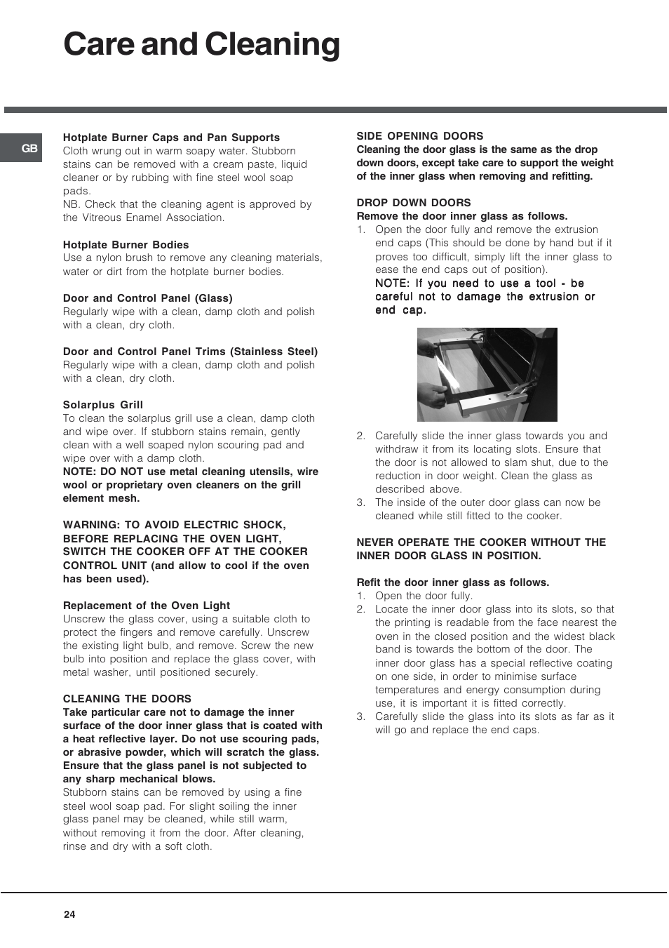Care and cleaning | Hotpoint EG94 User Manual | Page 24 / 32