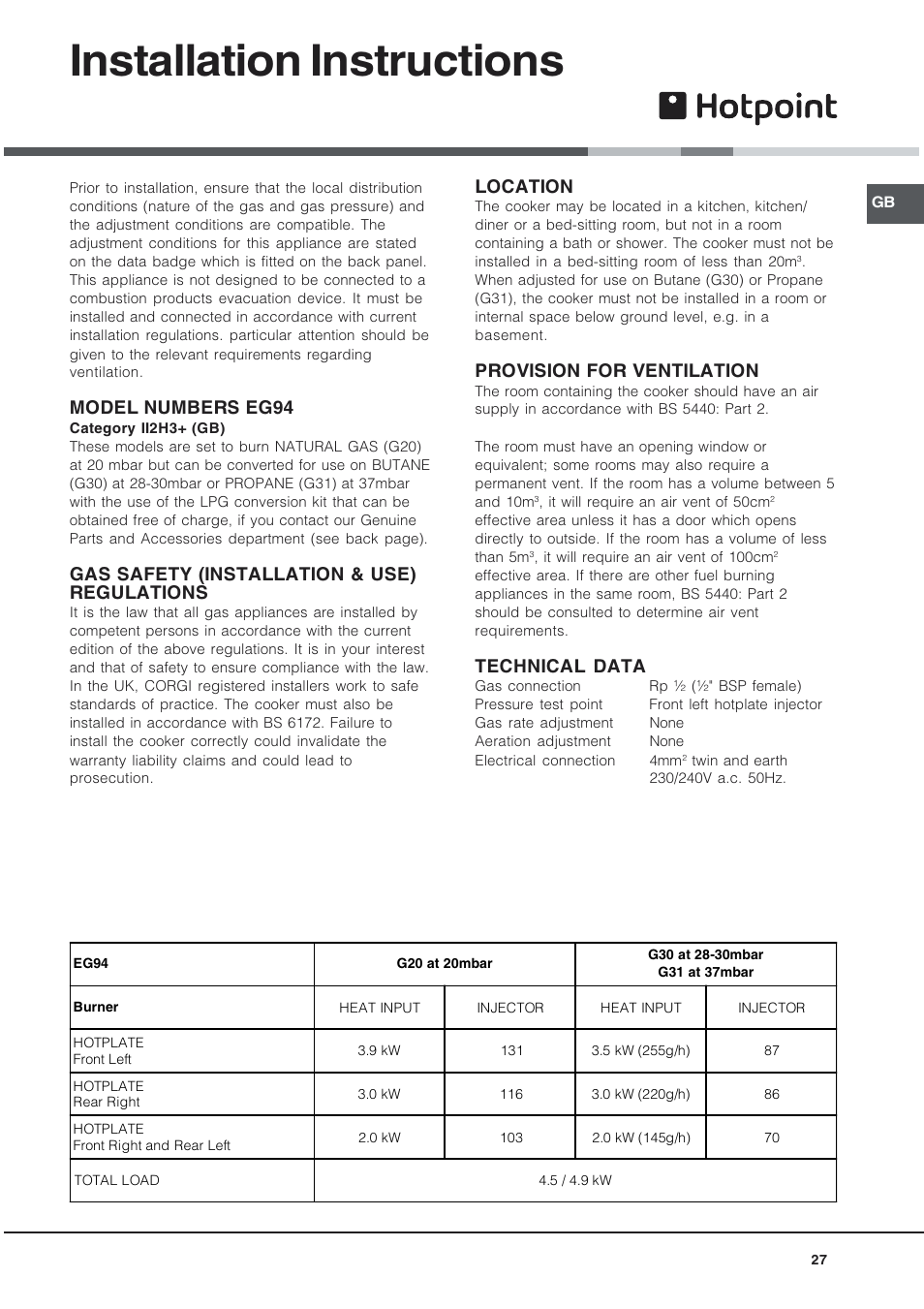 Installation instructions, Model numbers eg94, Gas safety (installation & use) regulations | Location, Provision for ventilation, Technical data | Hotpoint EG94 User Manual | Page 27 / 32