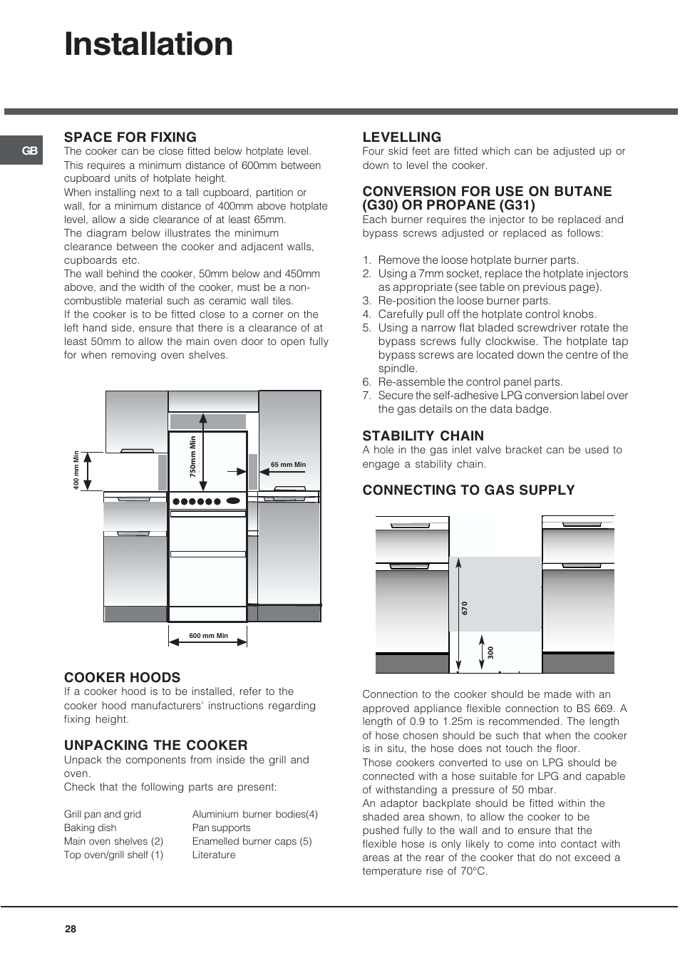 Installation, Space for fixing, Cooker hoods | Unpacking the cooker, Levelling, Stability chain, Connecting to gas supply | Hotpoint EG94 User Manual | Page 28 / 32
