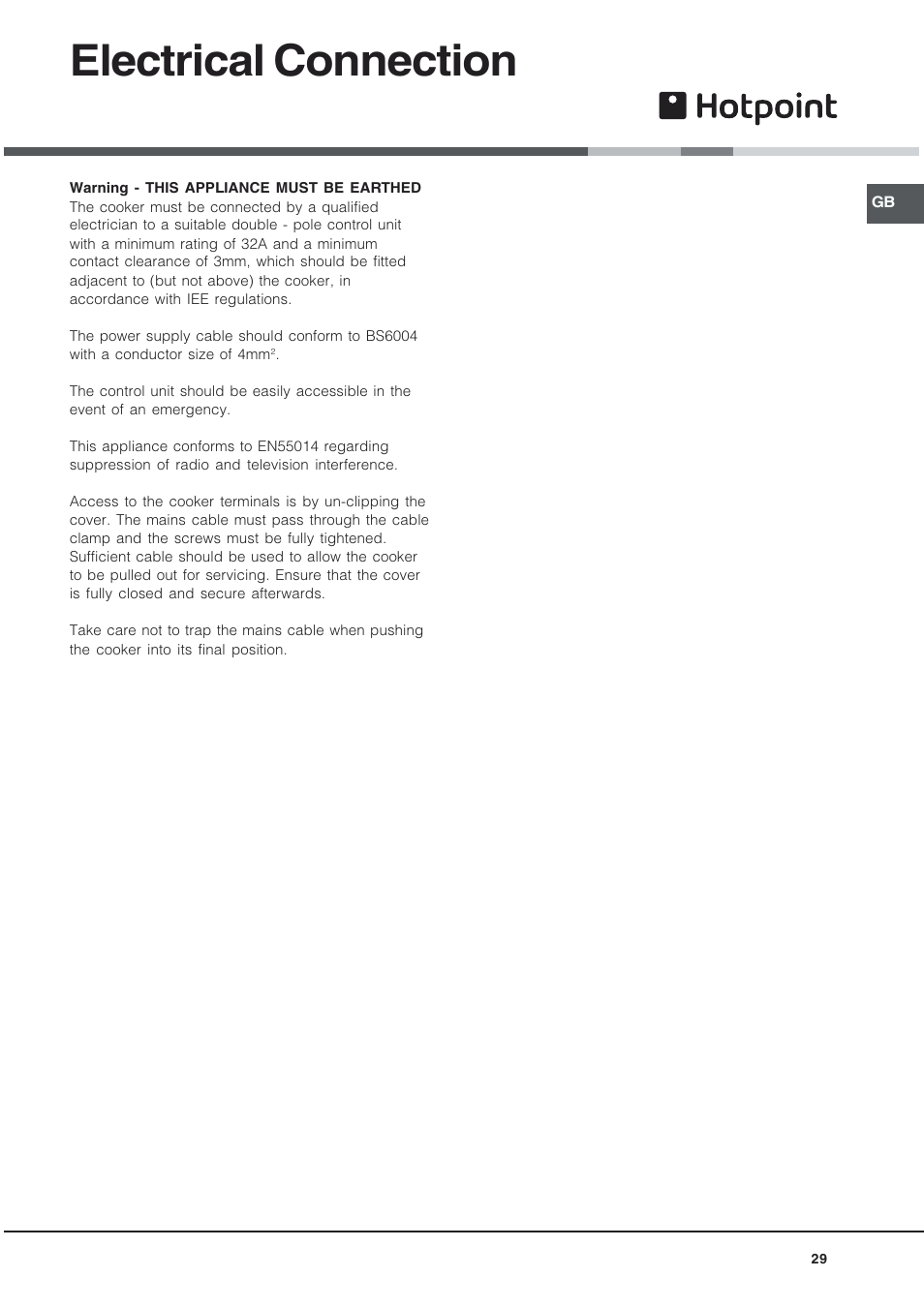 Electrical connection | Hotpoint EG94 User Manual | Page 29 / 32