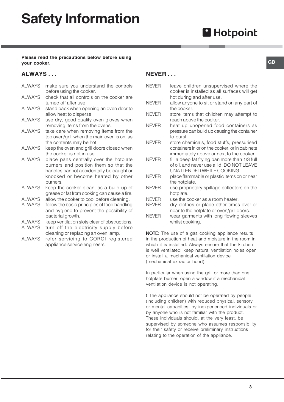 Safety information, Always, Never | Hotpoint EG94 User Manual | Page 3 / 32
