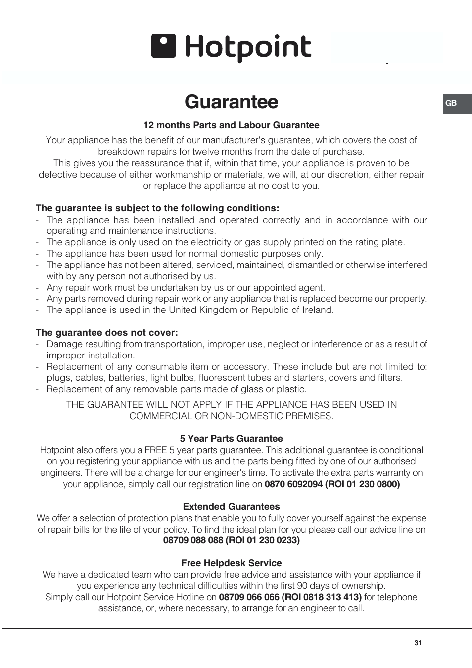 Guarantee | Hotpoint EG94 User Manual | Page 31 / 32
