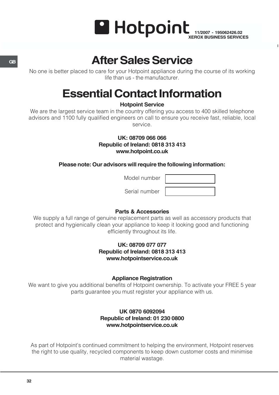 After sales service, Essential contact information | Hotpoint EG94 User Manual | Page 32 / 32
