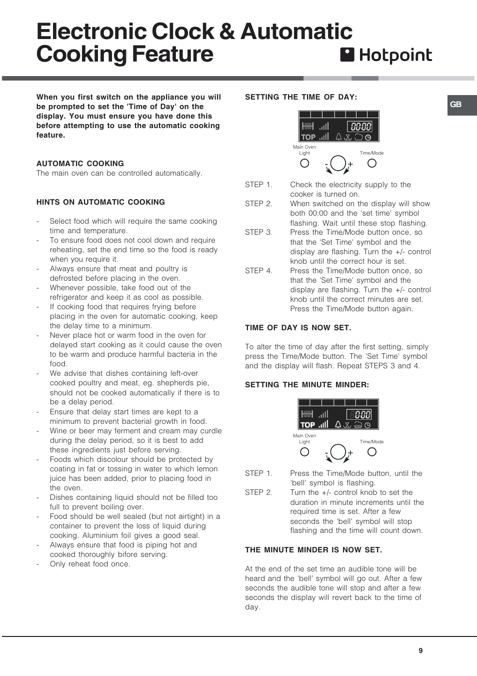 Electronic clock & automatic cooking feature | Hotpoint EG94 User Manual | Page 9 / 32