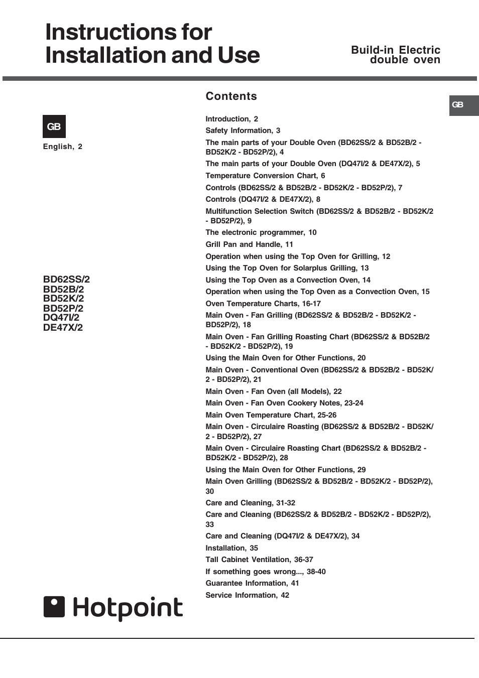 Hotpoint BD52B/2 User Manual | 44 pages