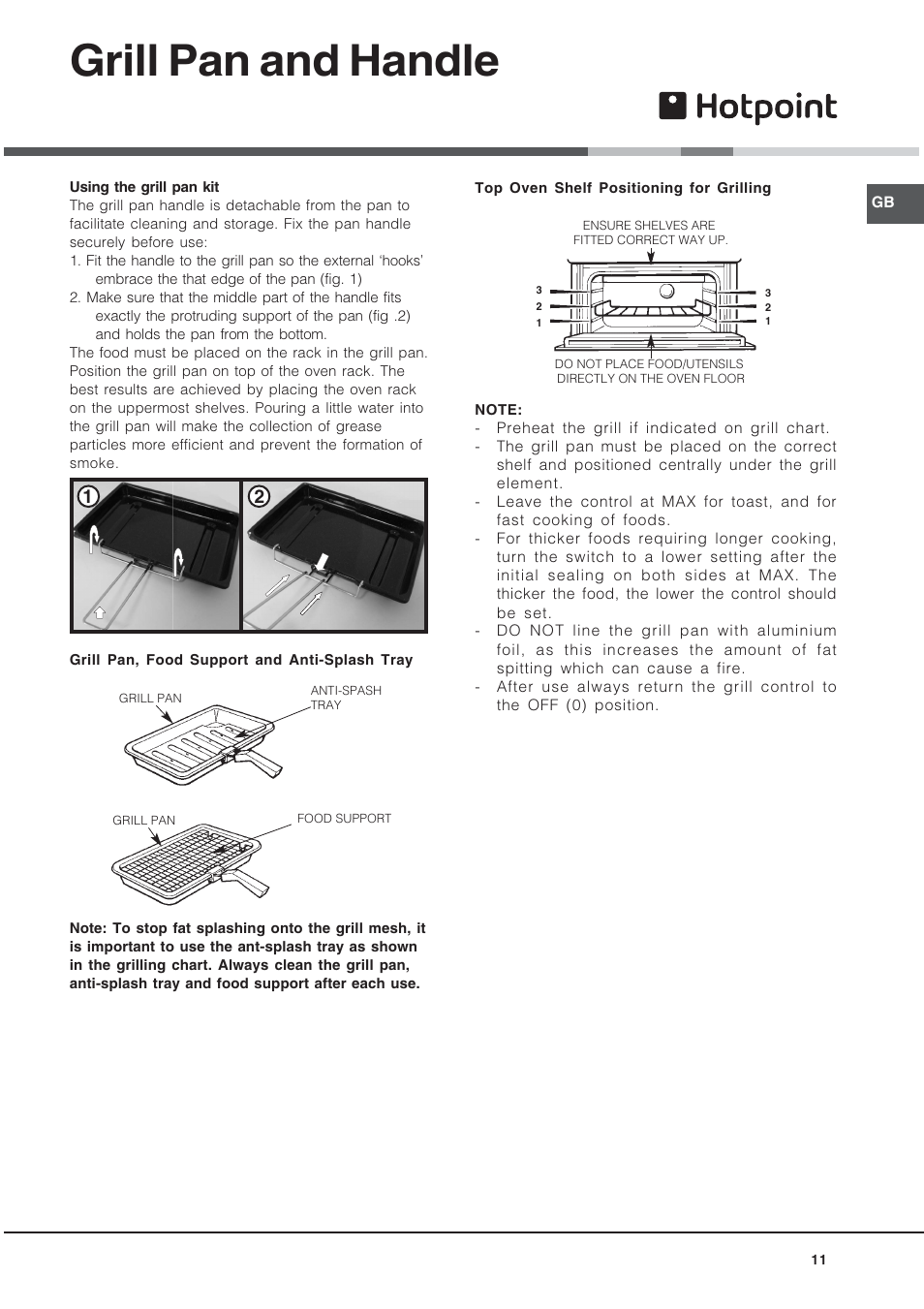Grill pan and handle | Hotpoint BD52B/2 User Manual | Page 11 / 44